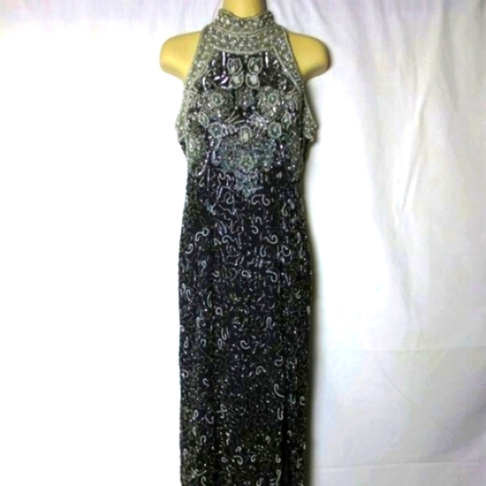 Vintage Laurence Kazar Gown Black Silk Metallic Beaded Formal Cocktail size PS